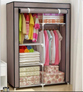 Dulap textil organizator pentru haine, cadru metalic, bară pentru umerașe și rafturi, 175 × 105 × 45 cm, maro