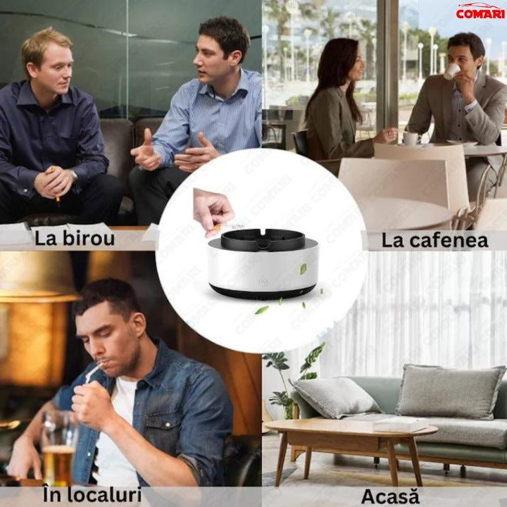 Scrumiera electrica cu aspiratie directa pentru eliminarea mirosului, fumului, pentru Casa sau Birou, functioneaza cu baterii, Gri