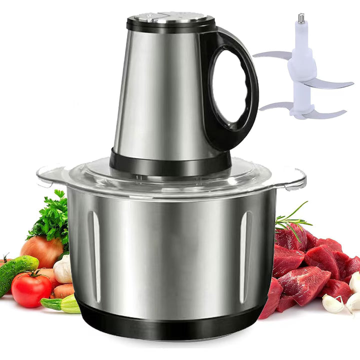 Tocator electric pentru carne si legume cu Tocator electric, 5 lame din otel inoxidabil, 3 viteze, 5L, angrenaj metalic, baza anti-alunecare, cu Tocator de legume, Potrivit pentru legume si carne, Argintiu