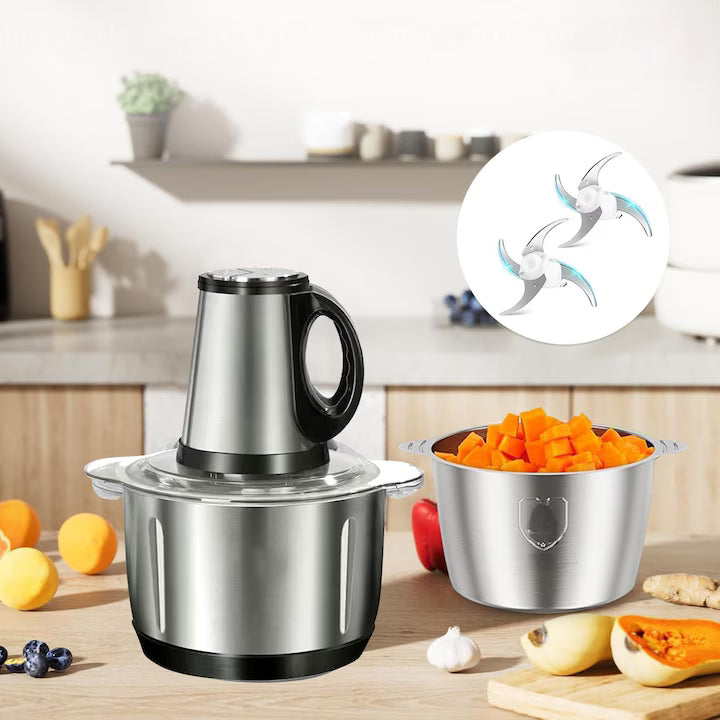 Tocator electric pentru carne si legume cu Tocator electric, 5 lame din otel inoxidabil, 3 viteze, 5L, angrenaj metalic, baza anti-alunecare, cu Tocator de legume, Potrivit pentru legume si carne, Argintiu