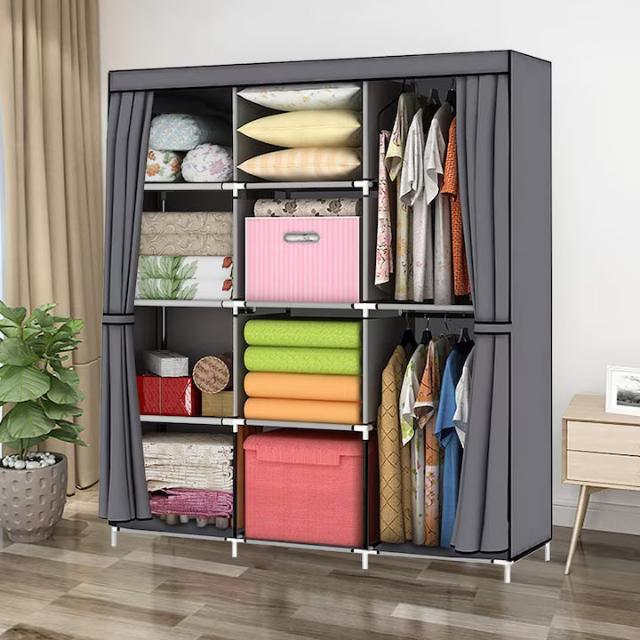Dulap textil organizator pentru haine, 8 rafturi și bare pentru umerașe, 130 × 45 × 175 cm