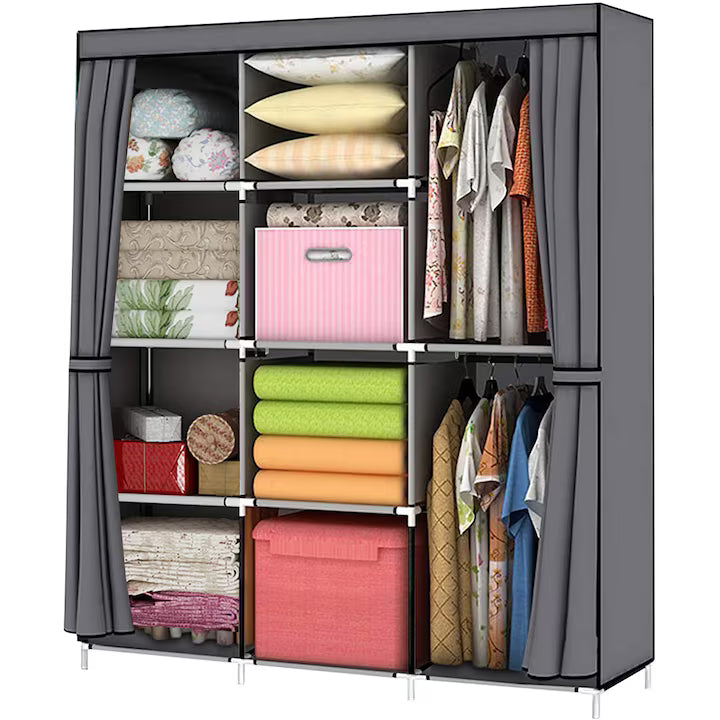 Dulap textil organizator pentru haine, 8 rafturi și bare pentru umerașe, 130 × 45 × 175 cm